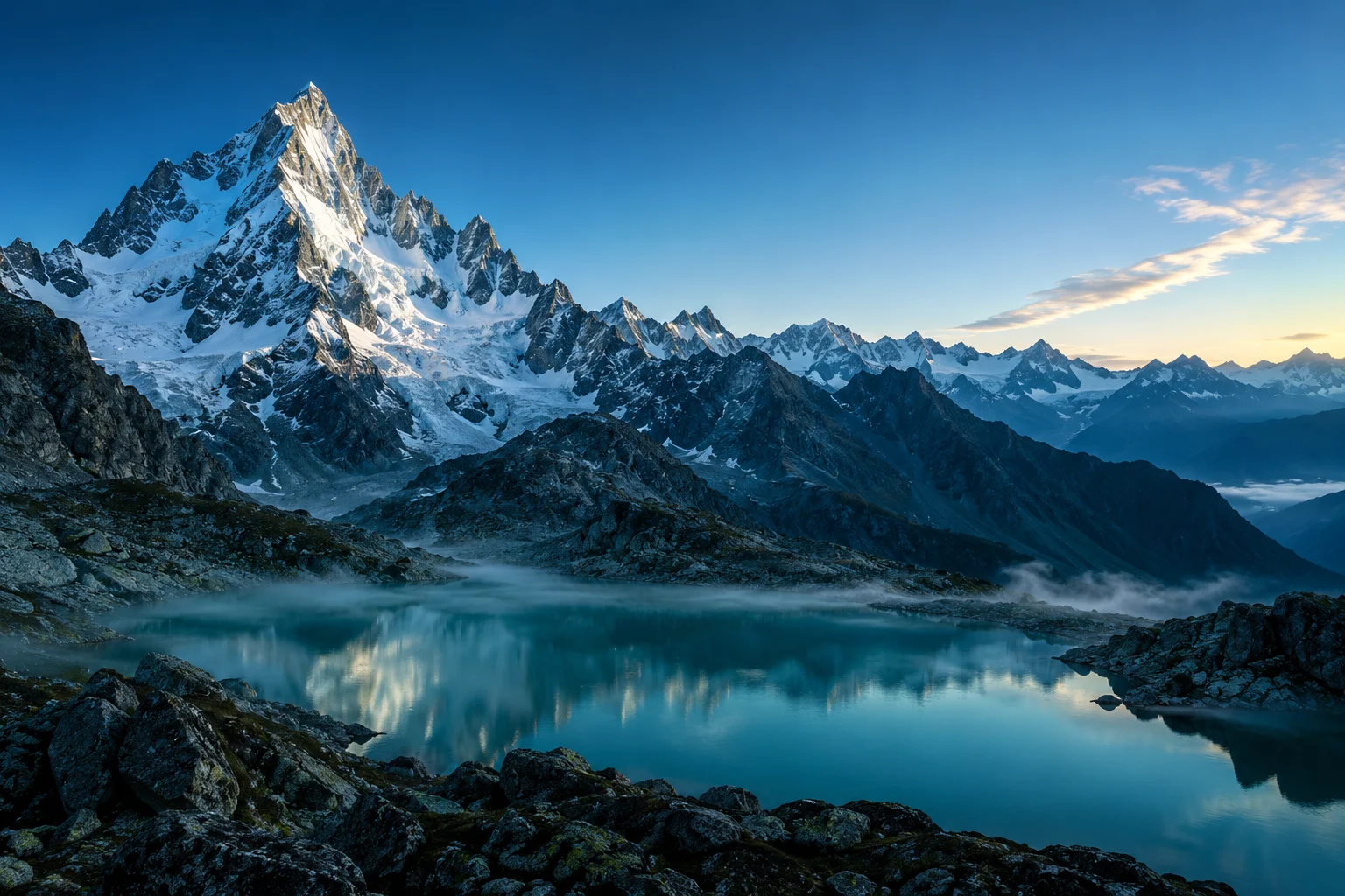 Snow-covered mountain and a blue glacial lake